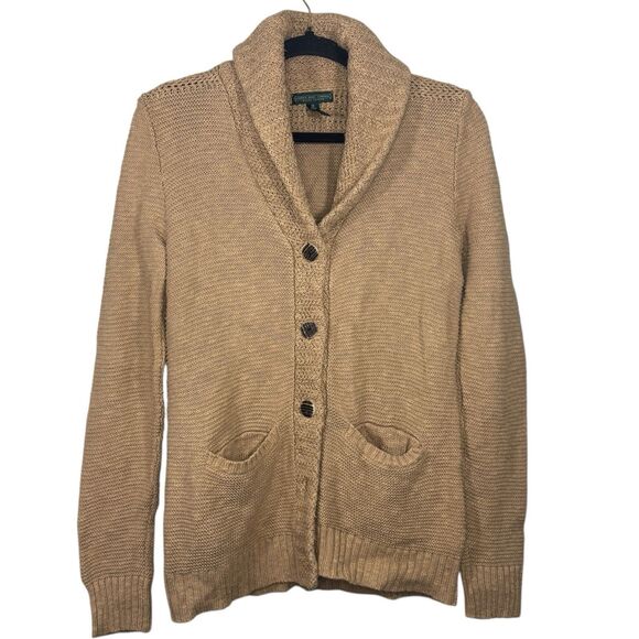 Ralph Lauren Jeans Co Linen Cardigan Sweater Sz M Chunky Knit Shawl Collar Tan - Picture 1 of 7